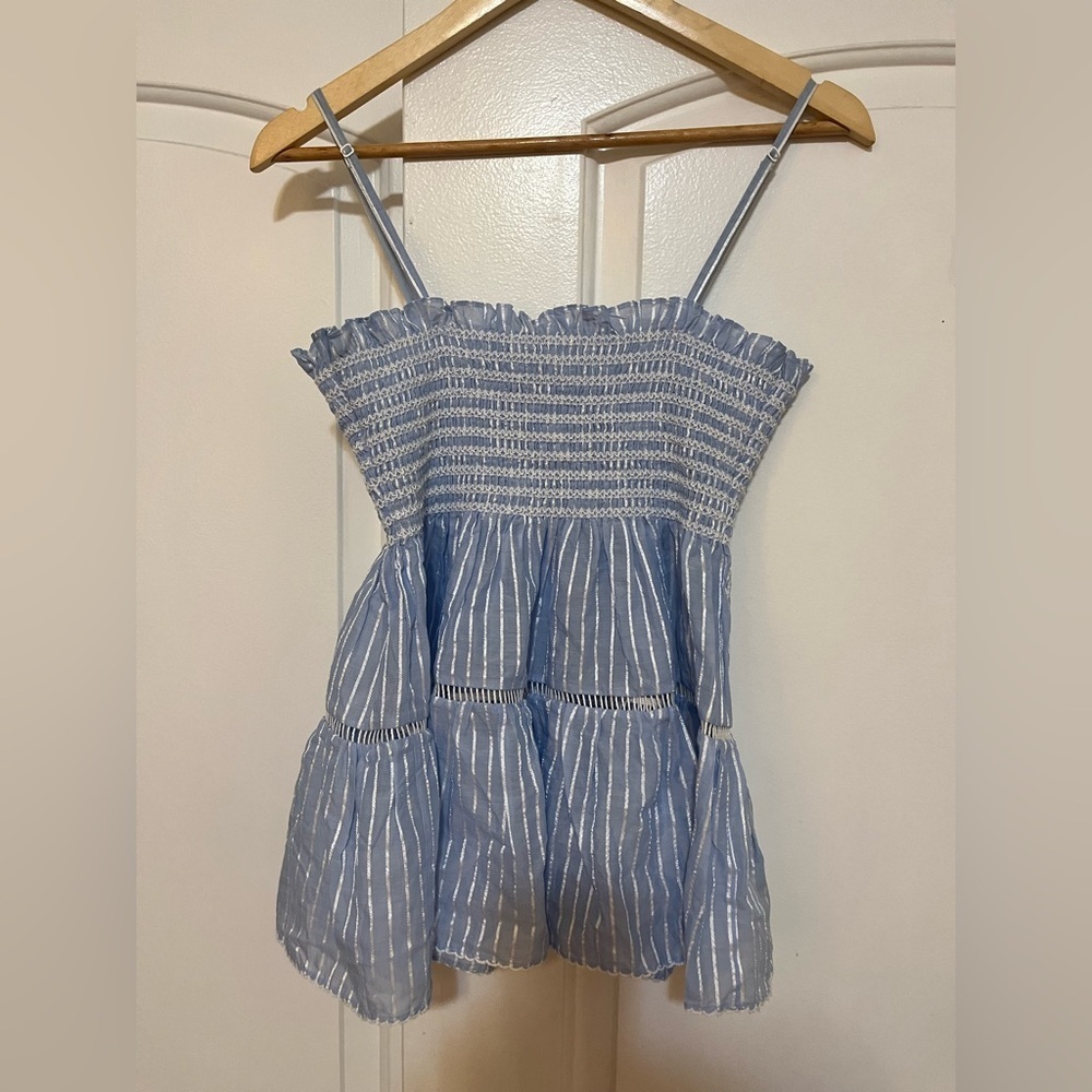 Jonathan Simkhai Shirred Peplum Babydoll Top Blue